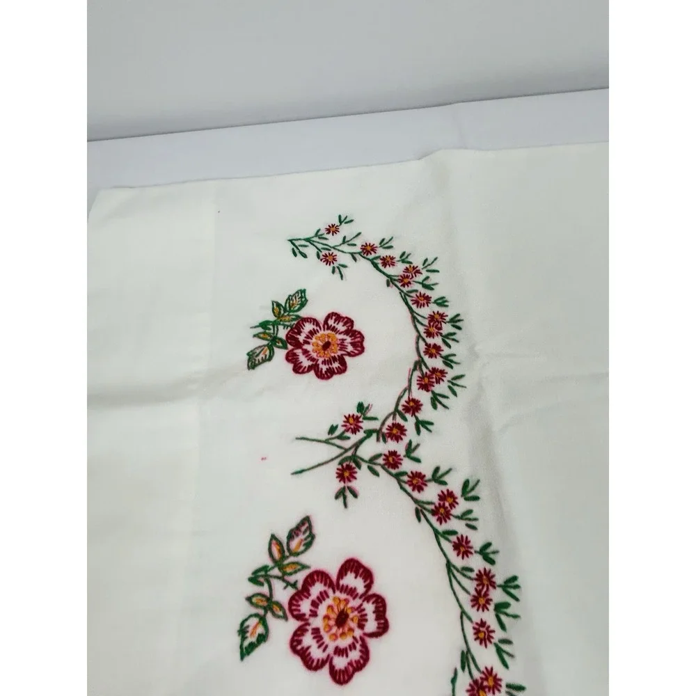 Vintage Cross Stitched Pillowcase White w/ Red Floral 30 x 20